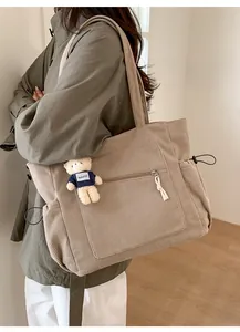 Détail du grand sac cabas en velours côtelé avec pendentif ours et poche extérieure pratique