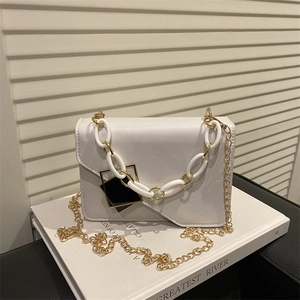 White leather crossbody square bag with gold geometric buckle and chain strap