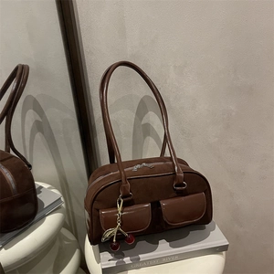 Brown vintage large capacity shoulder bag with double pockets and cherry charm decoration
