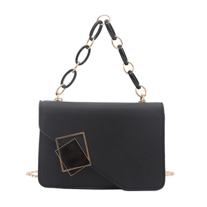 Classic black leather crossbody bag with geometric gold buckle and chain handle