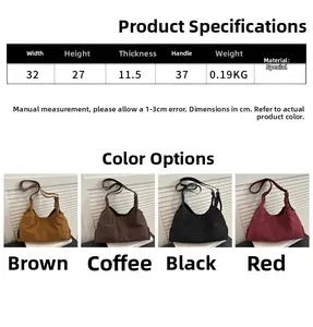 Detailed size parameters and color display of minimalist suede shoulder bag for women