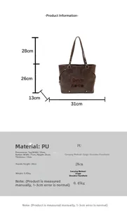 Detailed size chart for the PU leather tote bag with dimensions and strap height info
