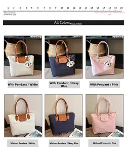 Nylon tote bags in white, navy and pink with faux leather handles in six style options