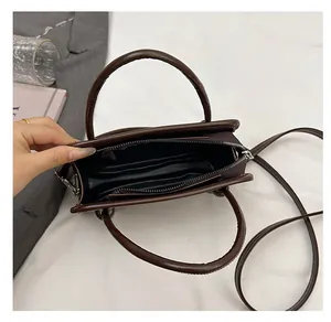 Detailed interior of dark brown leather handbag with zipper and compartments