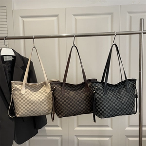 Three large fashion tote bags with M print in beige, coffee, and black colors