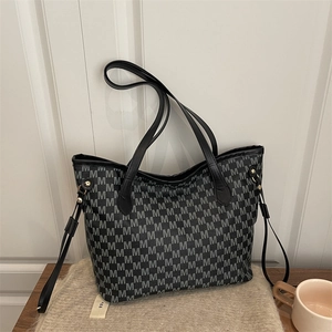 Large capacity grey jacquard tote bag with black M-pattern and leather handles