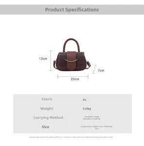 Detailed view of dark wine red PU leather crossbody bag with golden hardware and dimensions