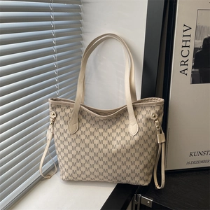 Large beige tote bag with vintage M pattern and double shoulder straps for women