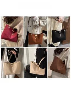 Collage of model wearing chain strap suede tote bags in various stylish autumn colors