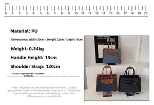Detalle de bolso tote grande de cuero PU con medidas 30x22x10cm y peso de 0,34kg