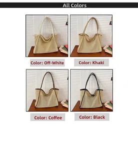 Detail showcasing large woven straw tote bags in cream, khaki, coffee and black straps