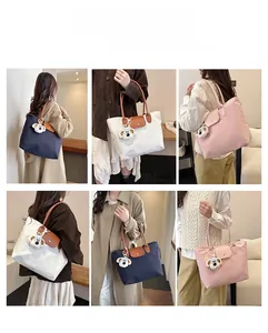 Detailed views of versatile nylon tote bags with leather handles in various colors