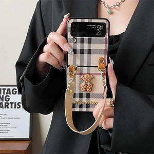 Vintage plaid folding phone case for Samsung Z Flip 6 with 3D bear and leather strap
