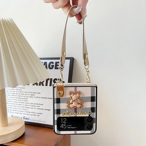 Pink plaid folding phone case for Galaxy Z Flip with glitter bear charm and chain strap