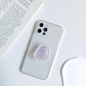 Transparent iPhone case with cute lilac bear phone grip and elegant pearl trim design