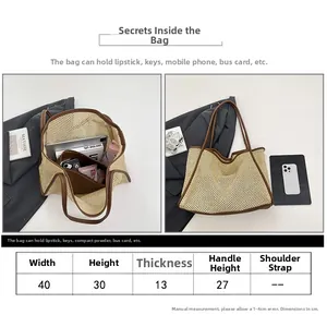 Detailed size chart showing dimensions 40x30x13cm for the woven straw tote bag