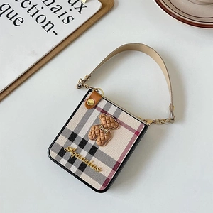 Mini plaid crossbody case for Samsung ZFlip with teddy bear charm and leather handle