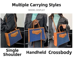 Bolso tote de mezclilla en contraste mostrado al hombro, de mano y cruzado para mujer