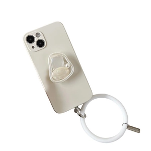 Cream iPhone case with pearl air cushion stand and large round silicone wristband loop