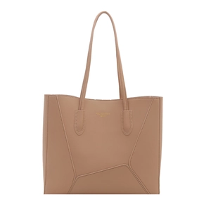 Large nude leather tote bag for women with geometric stitching and long thin handles