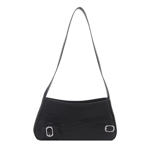 Fashionable black baguette bag with bow straps and silver hardware on white background