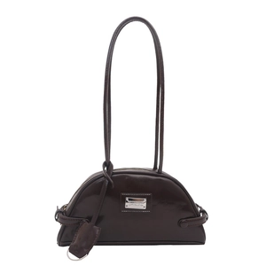 Deep brown patent leather crescent shoulder bag with a sleek metallic logo plaque