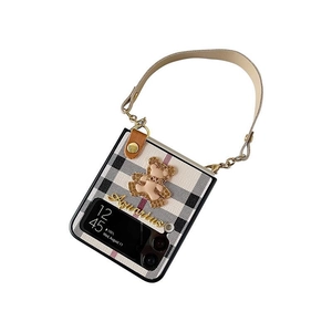 Plaid phone case for Samsung Z Flip series with glitter bear charm and leather strap