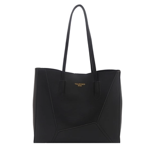 Fashionable black matte leather tote bag with geometric stitching and large capacity