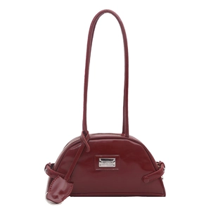 Retro burgundy boston shoulder bag with smooth faux leather and silver metal brand plate