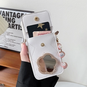 Weiße Leder Handyhülle mit Blumenspiegel und glitzernden weißen Straßsteinen