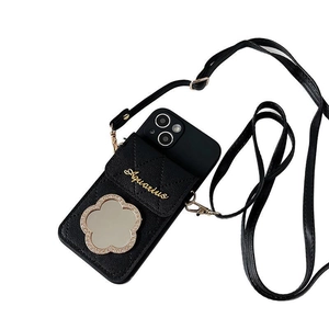 Umhängetasche aus schwarzem Leder für Handys mit Aquarius-Goldtext und Blumenspiegel