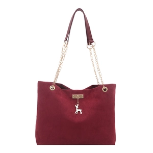 Elegant burgundy suede tote bag for women with golden chain straps and deer charm detail