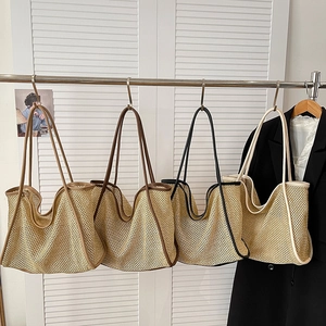 Women Woven Mesh Tote Bag PU Leather Trim Large Capacity Shoulder Handbag Inner Pouch Casual Beach Vacation
