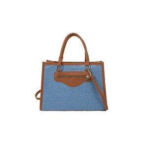 Blue denim tote bag with brown trim and adjustable strap for casual daily commuting