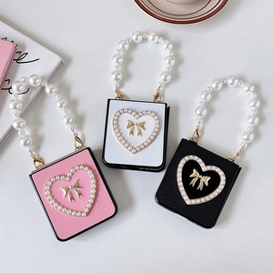 Bow heart pearl handle phone case for Samsung ZFlip4 ZFlip3 in pink white and black