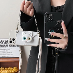 Crossbody iPhone case with 3D cat design and adjustable long leather shoulder strap