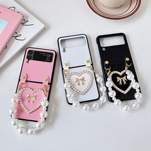 Foldable Phone Case PU Leather Cross Grain Heart Artificial Pearl Handle Golden Bow Luxury Elegant Protective Shell