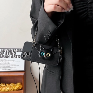 Crossbody iPhone case with black cat pocket, long shoulder strap, and card holder