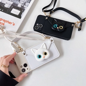 Crossbody iPhone case with cute 3D cat wallet and detachable long shoulder strap