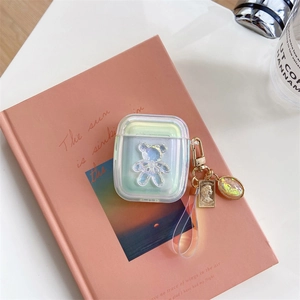 Coque AirPods holographique laser avec décor d'ours 3D et porte-clés en métal doré