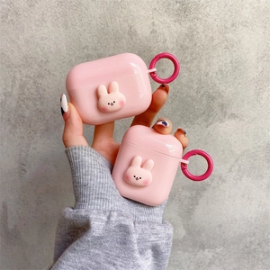 Cute Bunny Shape Earphone Case For Wireless Headphones Pink Soft Silicone Protective Cover With Carabiner Keychain