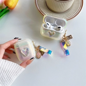 Laser transparent silicone case with 3D heart and lanyard for AirPods series