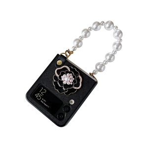 Coque Samsung Galaxy Z Flip avec fleur de camélia de luxe et poignée en perles