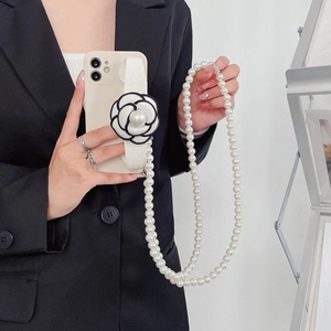 Camellia Flower Wristband Phone Case With Crossbody Artificial Pearl Chain Lanyard TPU Back Cover Elegant Luxury For Women