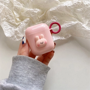 Cute pink bunny protective case for AirPods with a metal ring hook for easy carrying