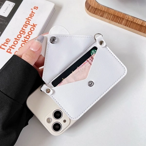 Detailed view of white lychee leather phone case with functional envelope card holder