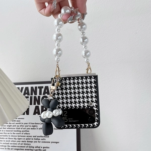 Samsung Z Flip case with houndstooth pattern, pearl handle chain and balloon dog charm