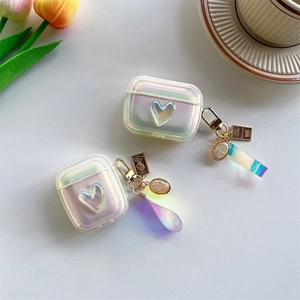 Macro detail of laser iridescent clear silicone AirPods case with 3D heart and metal clasp