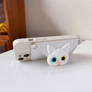 Close-up of white PU leather phone card holder with a 3D odd-eyed cat and crossbody strap