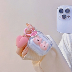 Cute 3D Pink Bunny Transparent Earphone Case Protective TPU Shell With Heart And Smiley Face Pendant For Wireless Earbuds